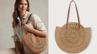 composite of model holding The White Company Circle Straw Bag and a flat lay image