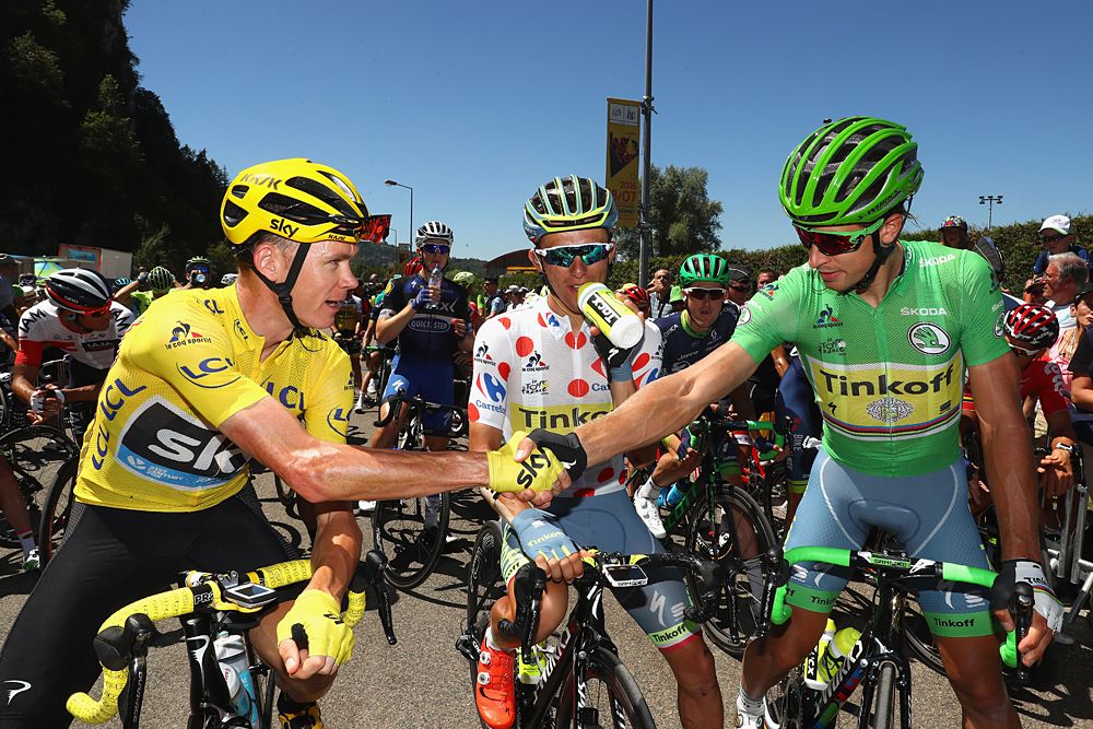 Yellow jersey Chris Froome (Team Sky) and green jersey Peter Sagan (Tinkoff) stage 16 Tour de France
