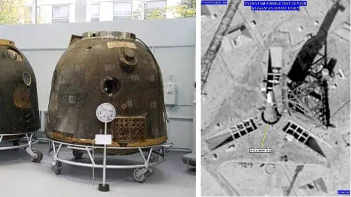 The Soviet Zond 5 rentry capsule (left) and a declassified U.S. reconnaissance photo of an N-1 moon rocket on the launch pad in September 1968.