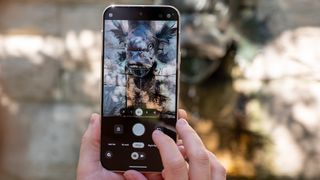 Using a Google Pixel 10 Pro XL to take a photo of a stone fish fountain