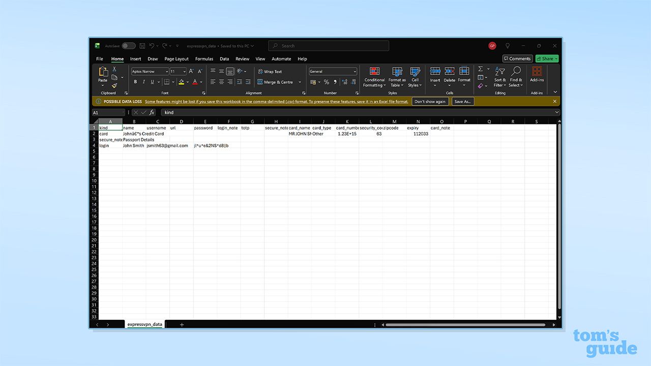Screenshot of CSV ExpressKeys file