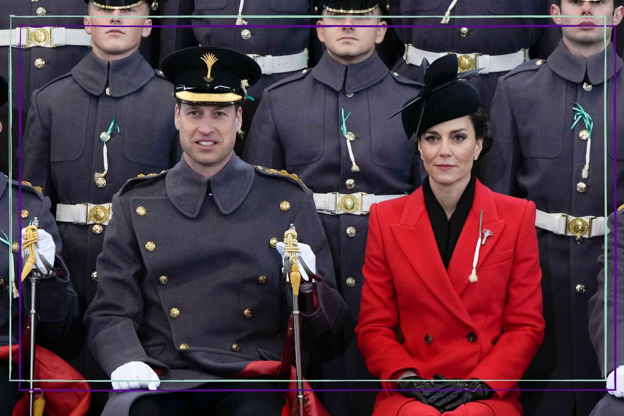 Prince William, Prince of Wales and Catherine, Princess of Wales sit for an official photo with The Prince of Wales&#039;s company during a visit to the 1st Battalion Welsh Guards at Combermere Barracks for the St David’s Day Parade on March 1, 2023 in Windsor