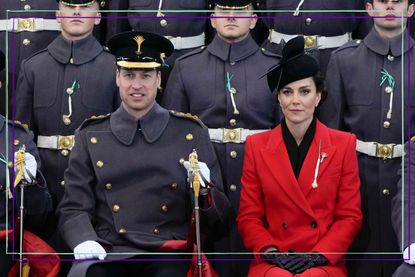 Prince William, Prince of Wales and Catherine, Princess of Wales sit for an official photo with The Prince of Wales's company during a visit to the 1st Battalion Welsh Guards at Combermere Barracks for the St David’s Day Parade on March 1, 2023 in Windsor