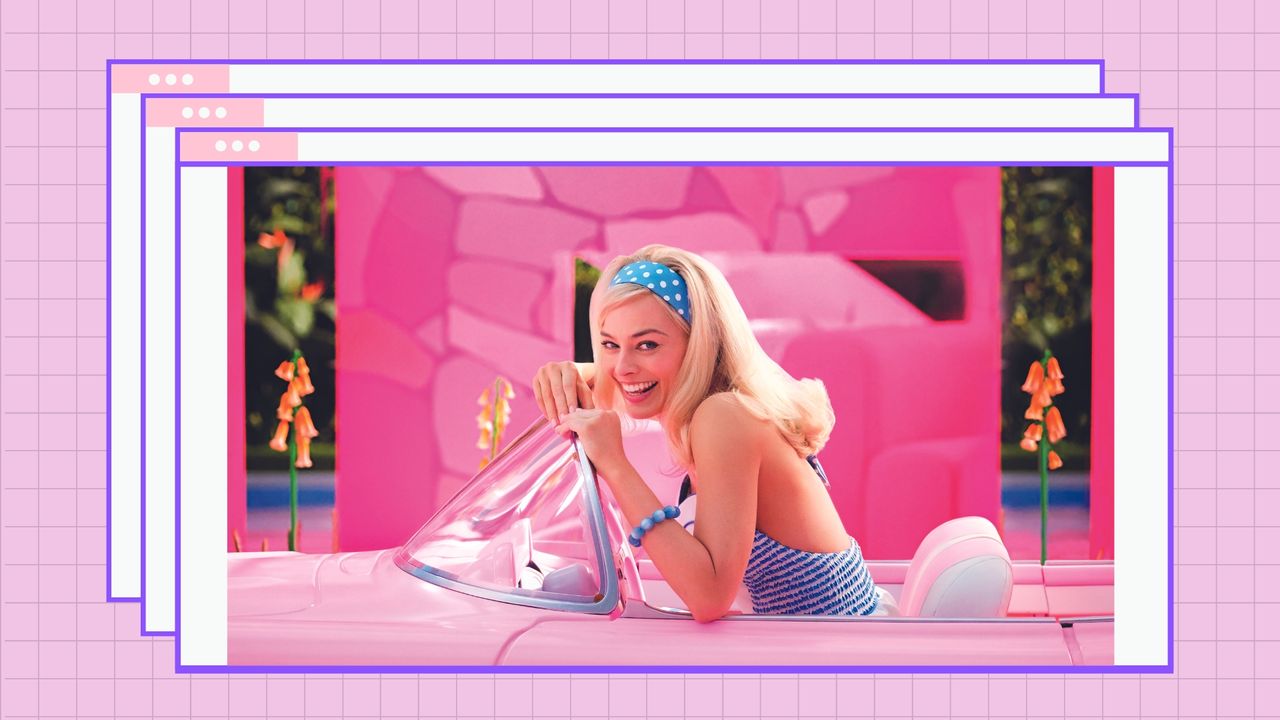 A film still of Margot Robbie as Barbie in the &#039;Barbie&#039; movie, riding in a pink car/ in a pink/purple template