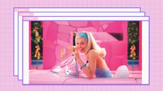 A film still of Margot Robbie as Barbie in the 'Barbie' movie, riding in a pink car/ in a pink/purple template