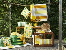 A collection of green and yellow retro decor pieces
