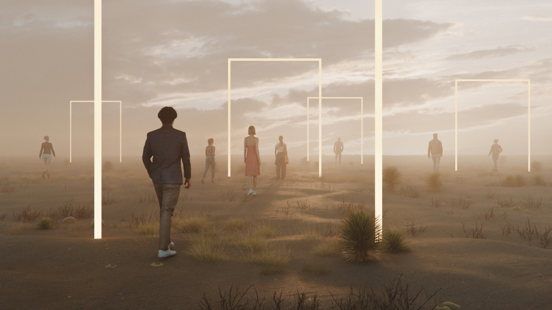 People walking in fantasy landscape towards a mysterious entrance