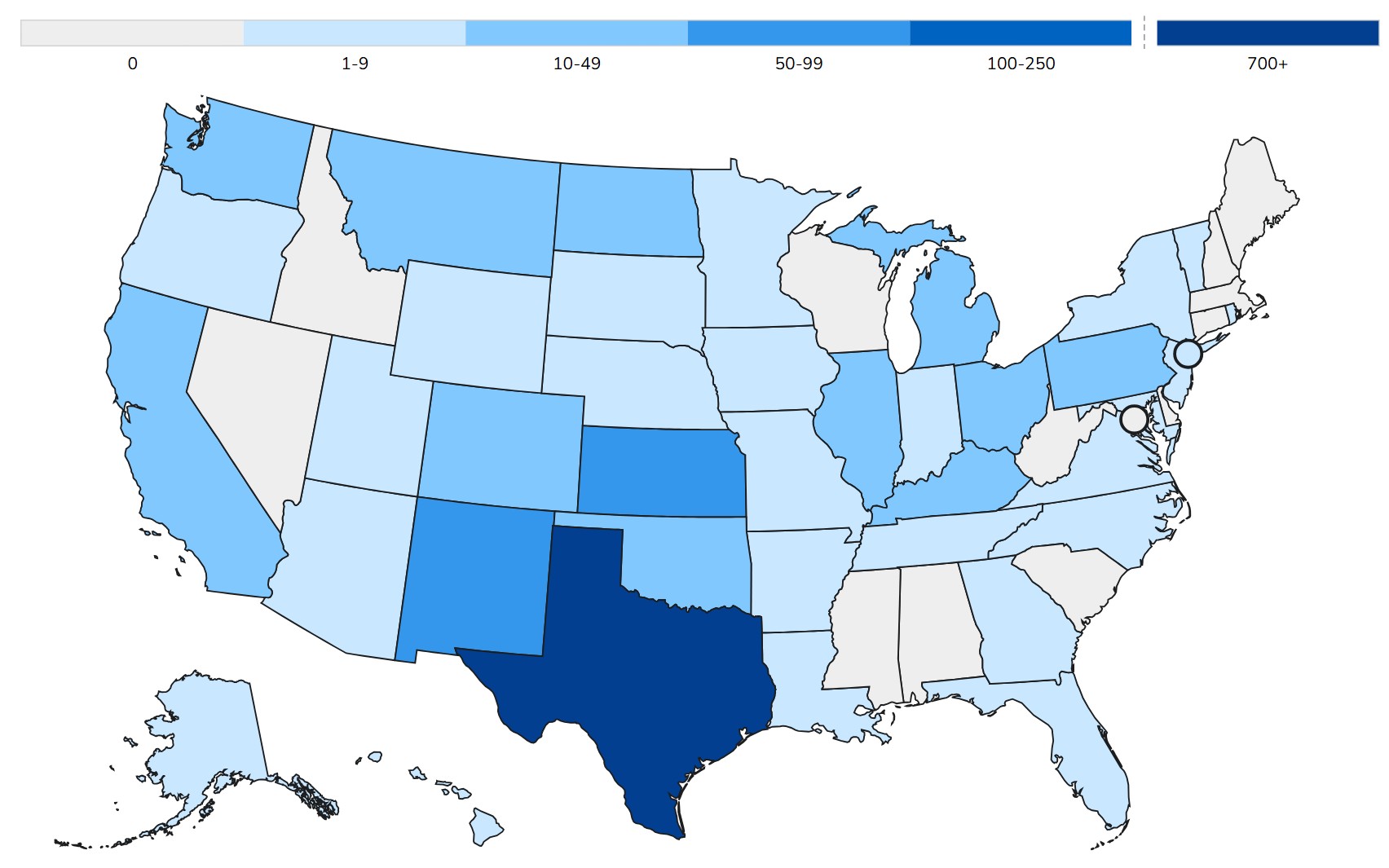 A map of the United States showing measles prevelance by state. Texas has by far the highest number of cases.