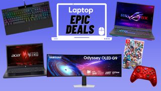 Laptop Mag, Samsung Odyssey QLED-G9 curved monitor, Acer Nitro V, Asus ROG Zephyrus G16, Corsair RGB keyboard, Xbox wireless controller in Pulse Cipher, Marvel vs. Capcom Fighting Collection