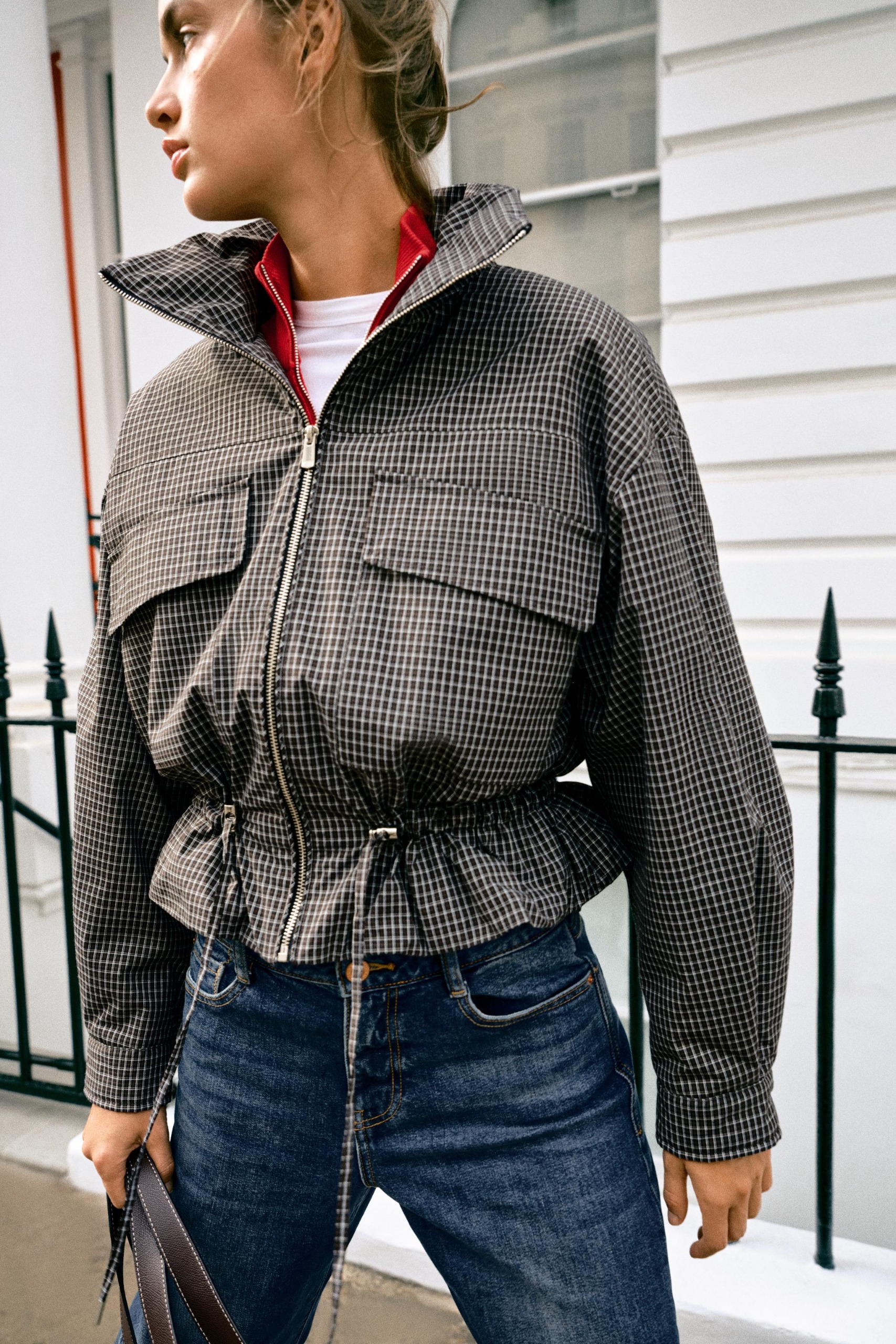 High Collar Checked Puffer Jacket - Black / White - Xs