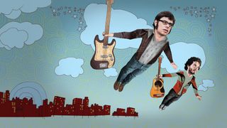 A promo image for Flight of the Conchords showing its two lead stars flying through the air