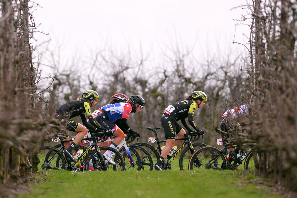 TIELTWINGE BELGIUM MARCH 01 Lucy Kennedy of Australia and Team MitcheltonScott AbbyMae Parkinson of The United Kingdom and Team Lotto Soudal Ladies Lorena Wiebes of The Netherlands and Team Parkhotel Valkenburg Grace Brown of Australia and Team MitcheltonScott Vineyards during the 16th Spar Omloop Van Het Hageland 2020 Women Elite a 130km race from Tienen to TieltWinge LottoCyclingCup BELCycling on March 01 2020 in TieltWinge Belgium Photo by Luc ClaessenGetty Images