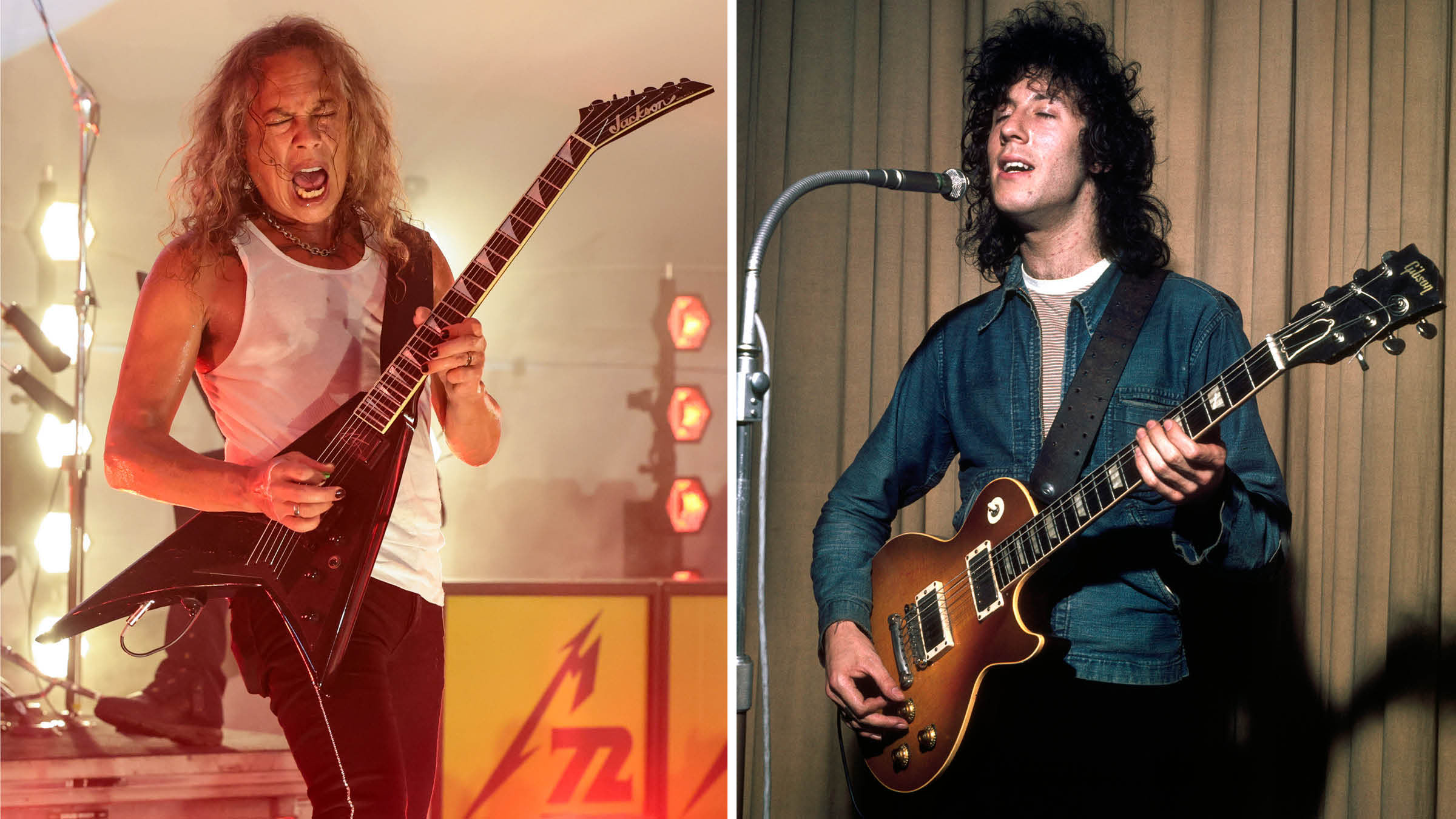 Kirk Hammett plays a Jackson Rhoads [left]; Peter Green with the Les Paul that Hammett would eventually own.
