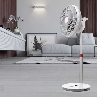 The EcoAir Kinetic pedestal fan in a grey living room