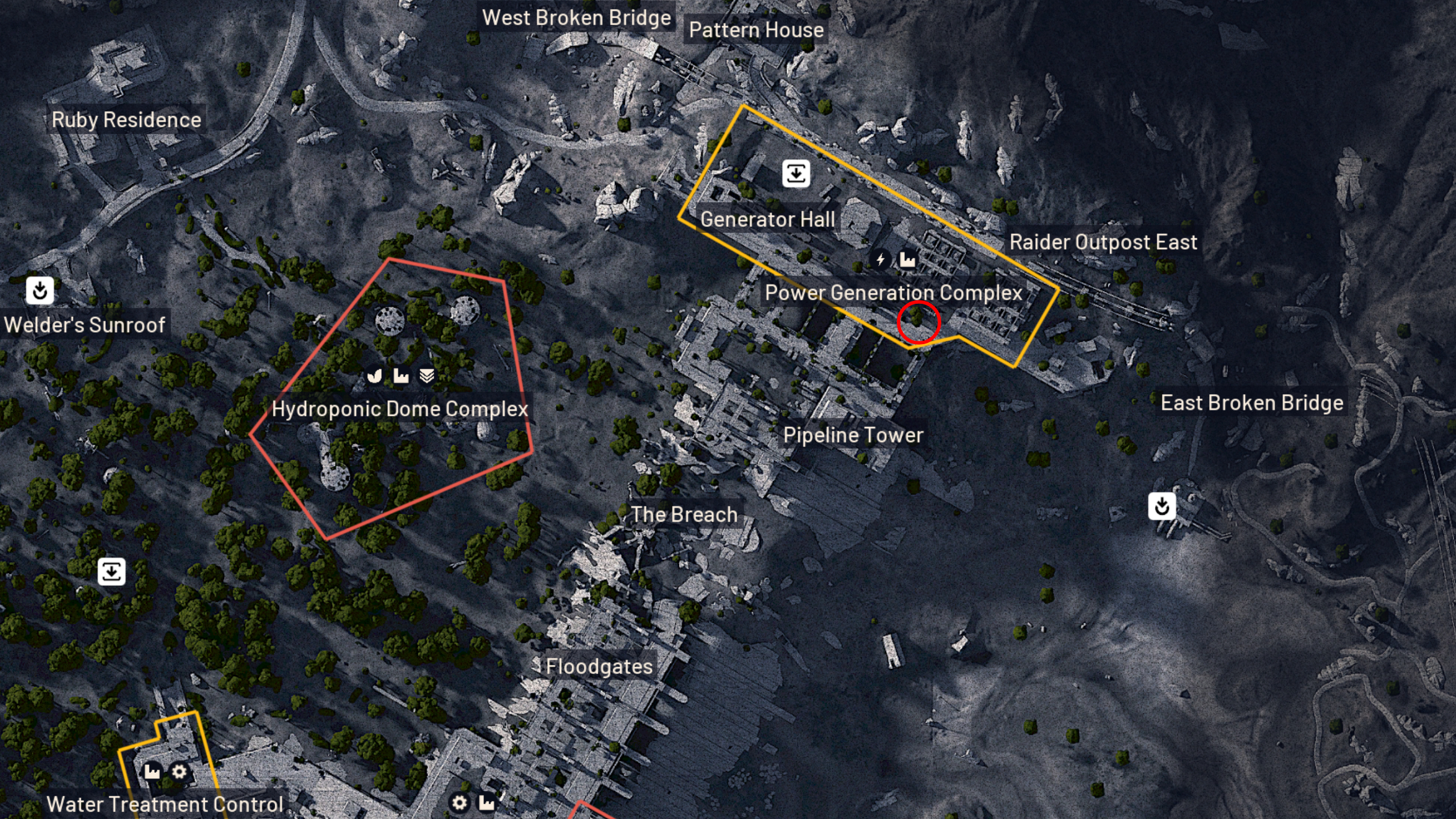Arc Raiders loot spot: A map of Dam Battlegrounds with a red circle highlighting the locked room in the Power Generation Complex.