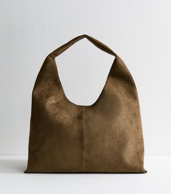 Dark Khaki Faux Suede Woven Effect Slouch Shoulder Bag