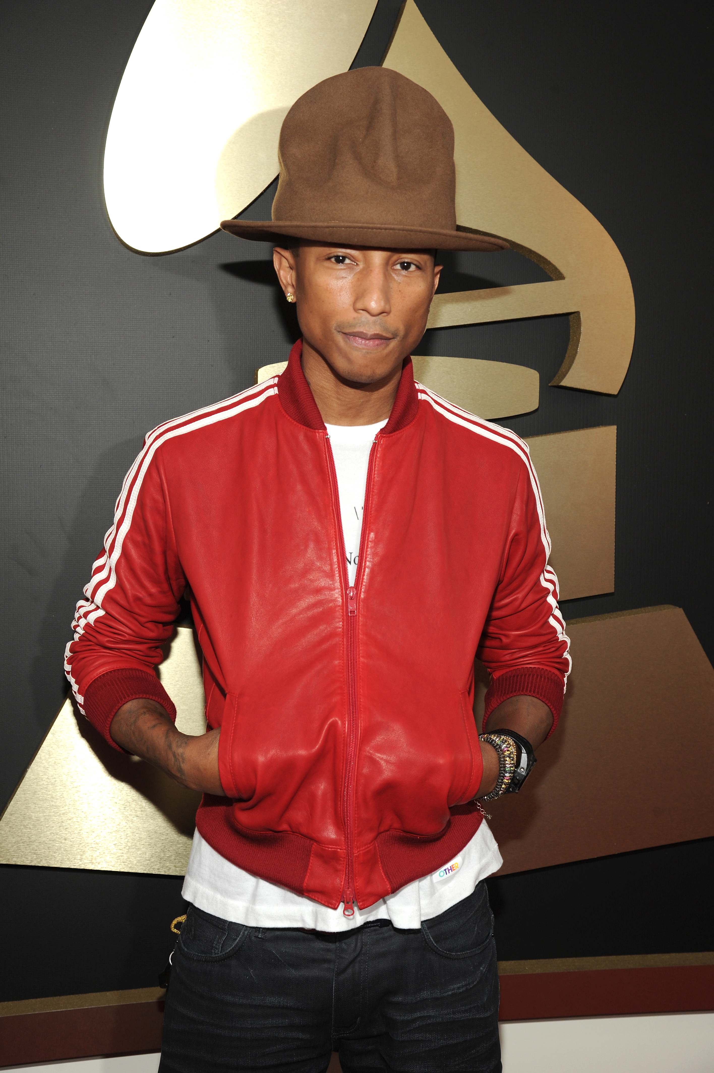 Pharrell Williams attends the 56th GRAMMY Awards at Staples Center on January 26, 2014 in Los Angeles, California in an oversized hat.