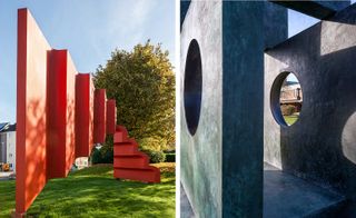 Left, 2MS Series No.1, Milton Keynes, by Bernard Schottlander. Right, Four-Square (Walk Through), Churchill College, Cambridge, by Barbara Hepworth.