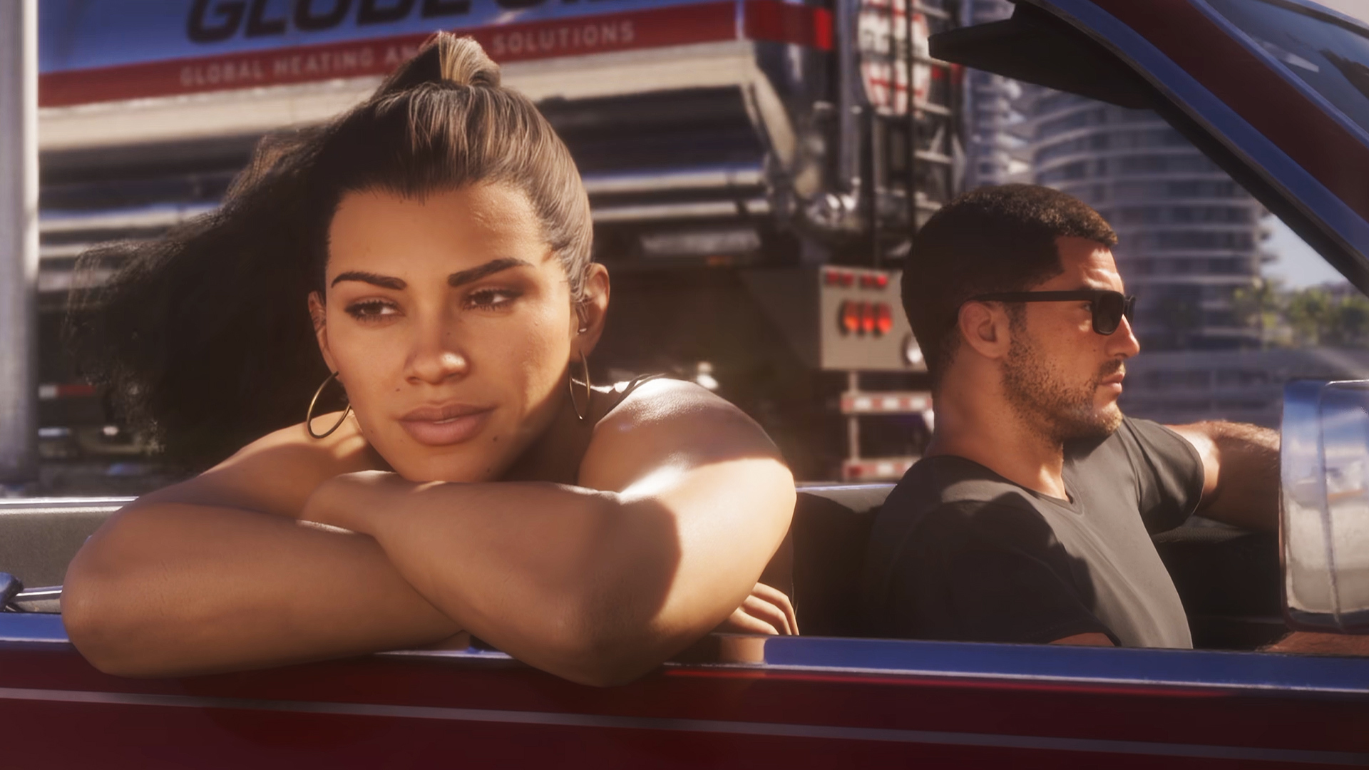 Grand Theft Auto 6 - Jason driving while Lucia looks out at Vice City from the passenger
