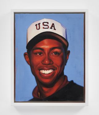 Painting of golfer Tiger Woods, smiling