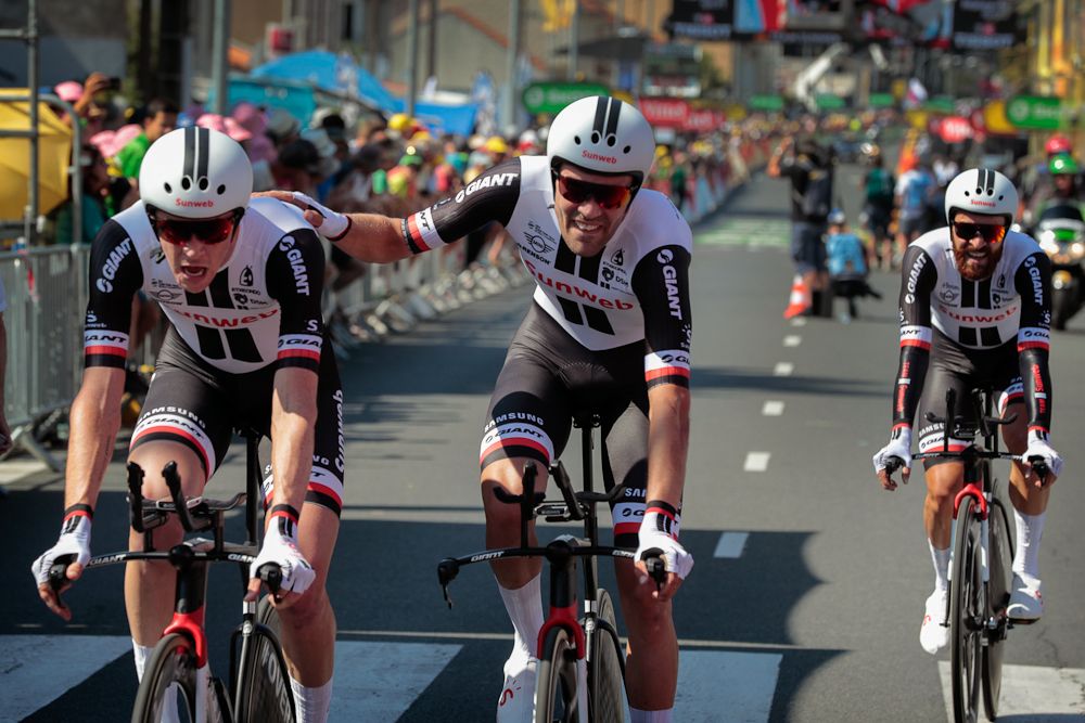 Team Sunweb's Tom Dumoulin celebrates with Chad Haga after putting in a solid TTT at the Tour de France