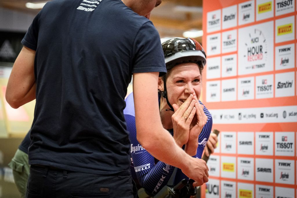 Dutch rider Ellen Van Dijk reacts after breaking the Hour Record in the Velodrome Suisse an indoor velodrome in Grenchen northern Switzerland on May 23 2022 Van Dijk broke the record with a new distance of 49254 km Photo by GABRIEL MONNET AFP Photo by GABRIEL MONNETAFP via Getty Images