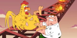Peter Griffin fights his sworn enemy The Chicken on Family Guy