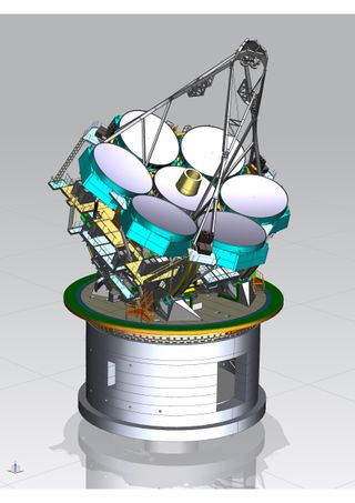 The GMT telescope structure showing six 8.4-meter off-axis sectors arrayed around the central on-axis 8.4-m sector, which comprises GMT’s unique primary mirror configuration.