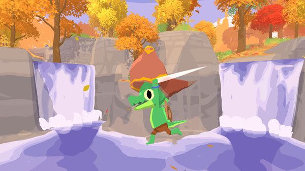 A cartoon gator carries a mysterious item across a waterfall