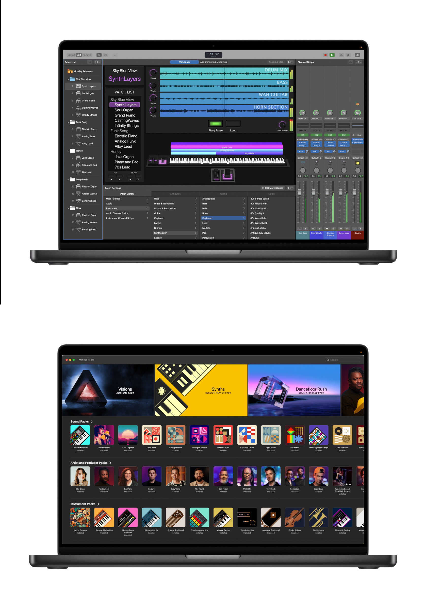 Logic Pro includes an expansive sound library (bottom image)