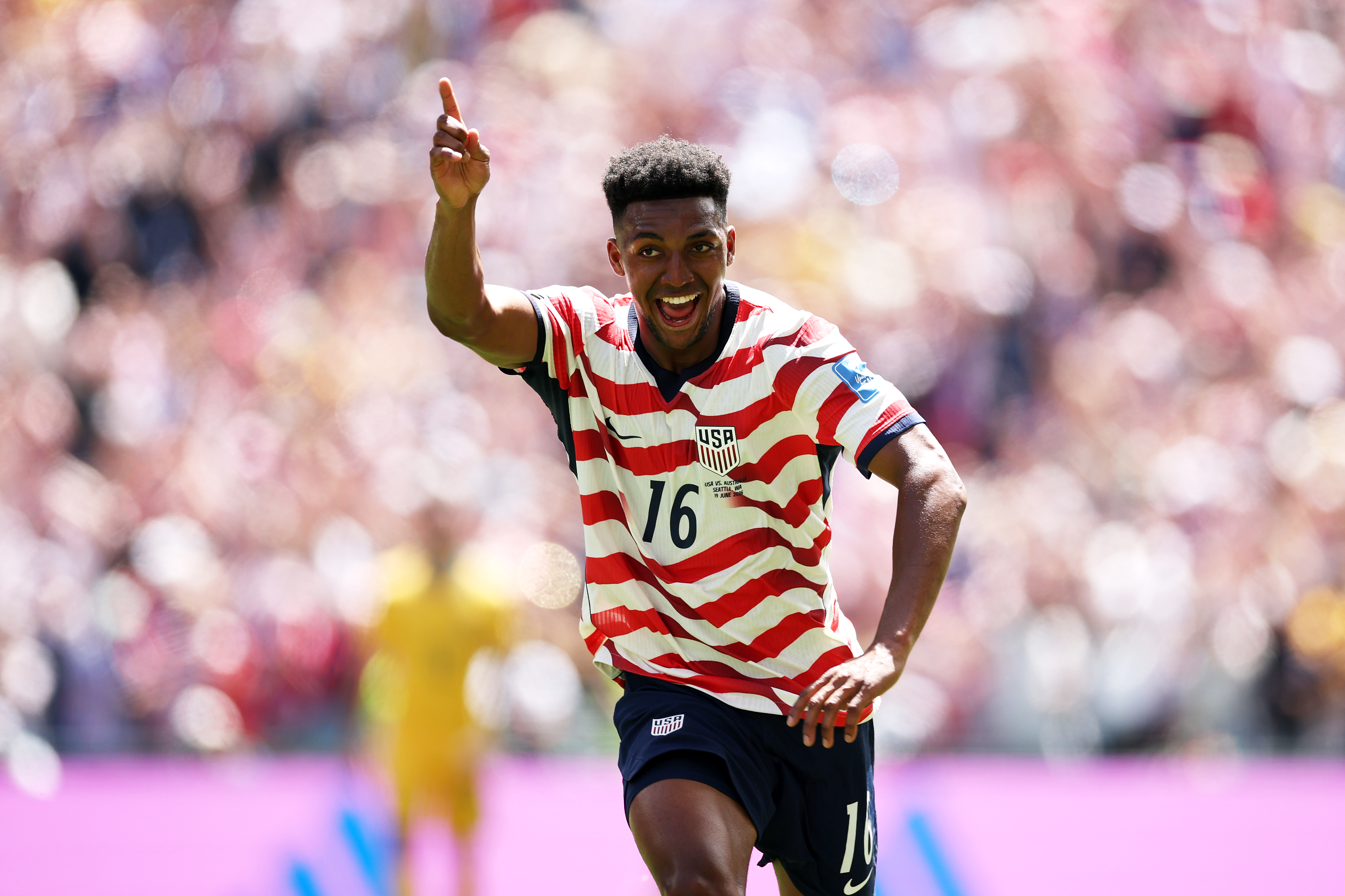 Alex Freeman of the United States celebrates scoring his team's second goal during the FIFA World Cup 2026 Group D match against Australia at Seattle Stadium on June 19, 2026 in Seattle, Washington