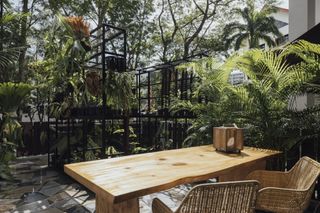 An outdoor living area with wooden table facing plants