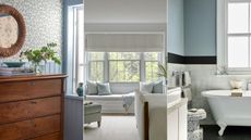 wood dresser with blue panelled wall, calming bedroom with light blue decor, bathroom with light blue wall