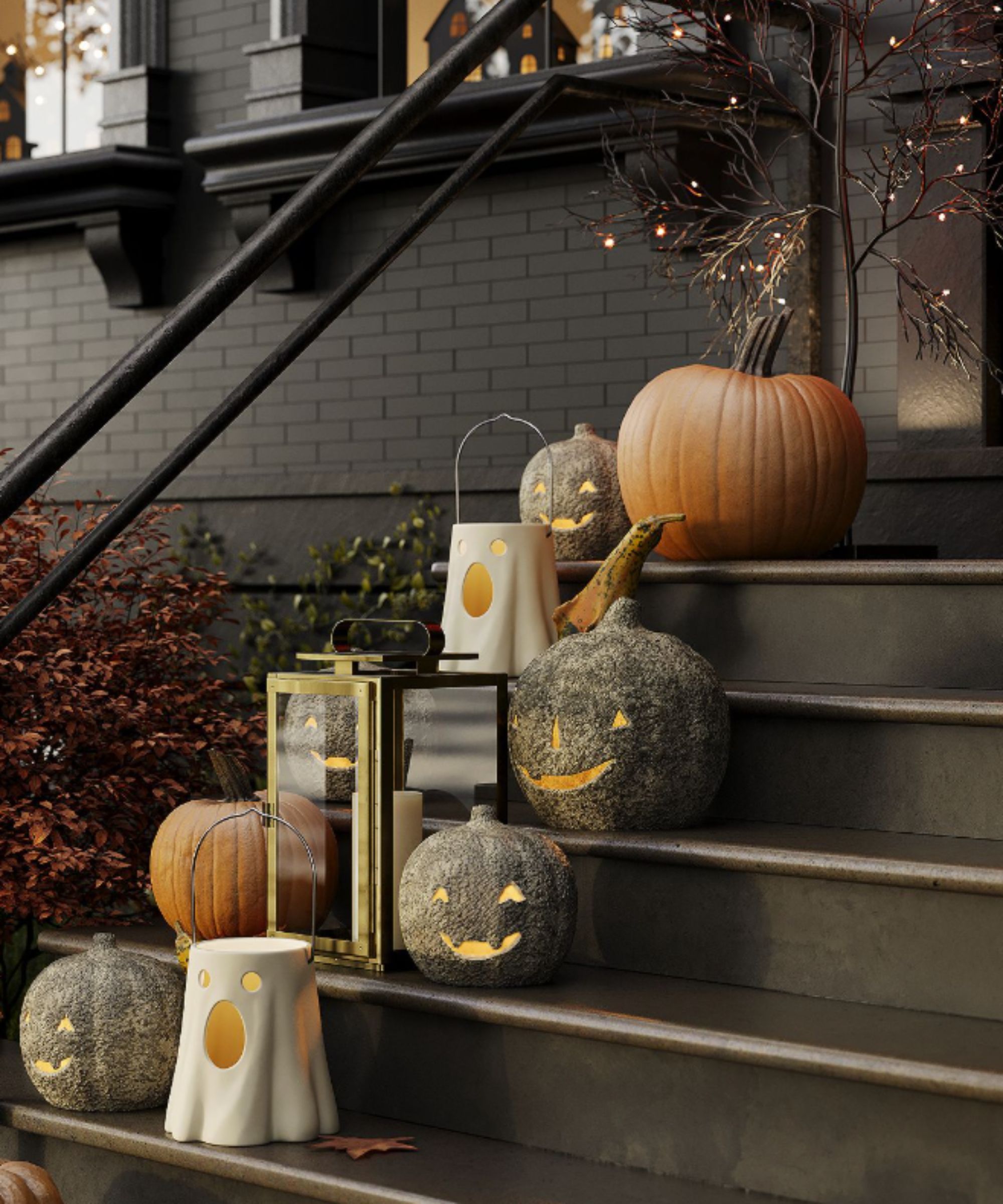 Outdoor steps with pumpkin and lantern decorations on