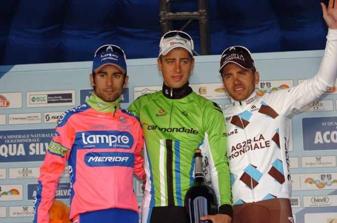 Peter Sagan (Cannondale) flanked by Diego Ulissi (Lampre Merida) and Rinaldo Nocentini (Ag2r-La Mondiale) on the podium of the GP Camaiore.
