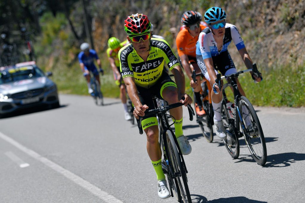 FOIA PORTUGAL MAY 06 Fbio Manuel Fernandes Costa of Portugal and Team Efapel Joseph Laverick of United Kingdom and Team Hagens BermanAxeon in the Breakaway during the 47th Volta Ao Algarve 2021 Stage 2 a 1828km stage from Sagres to Fia 890m VoltAlgarve VAlgarve2021 on May 06 2021 in Fia Portugal Photo by Luc ClaessenGetty Images