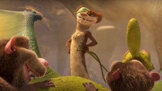 Buck stands heroically in front of Crash and Eddie in The Ice Age Adventures of Buck Wild.