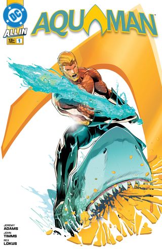 Aquaman rides a shark into battle.