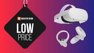 A product image of the Meta Quest 2 VR and accessories on a colourful background with the words low price
