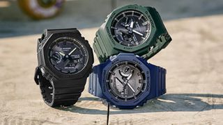 Casio G-Shock GA-B2100 watches in black, green, and navy blue