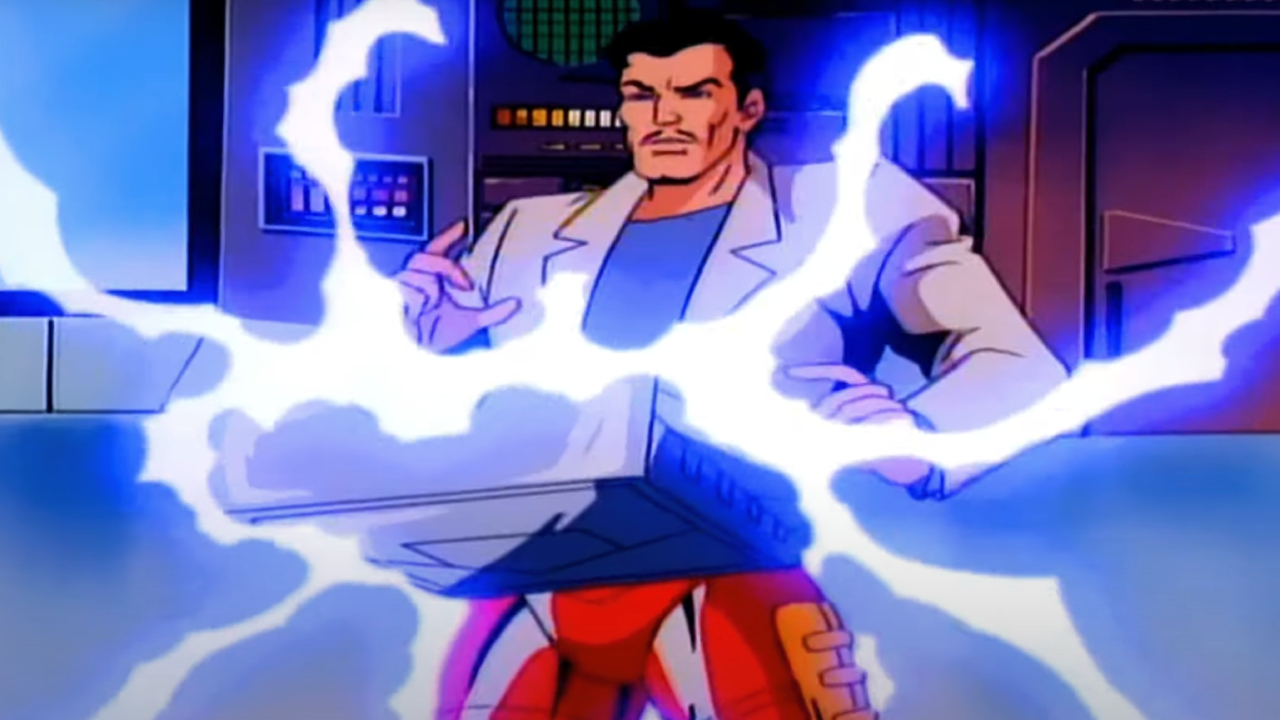 Tony Stark, voiced by Robert Hays, turning into Iron Man