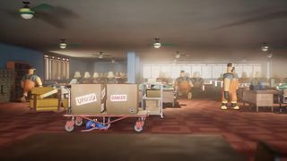 Darwin's Paradox screenshot showing the blue octopus Darwin hiding under food boxes on a cart with wheels in a factory