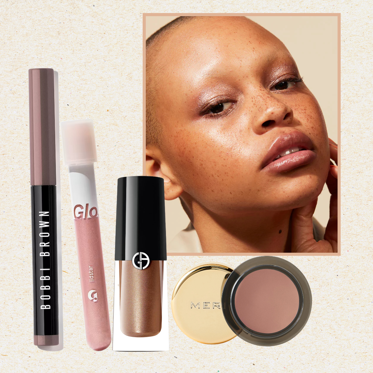 a creamy textured background witha model wearing cream eyeshadow next to five cream eyeshadows