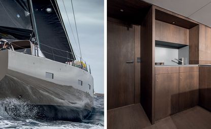 Left, exterior of Bella Yacht. Right, its wooden interior deck