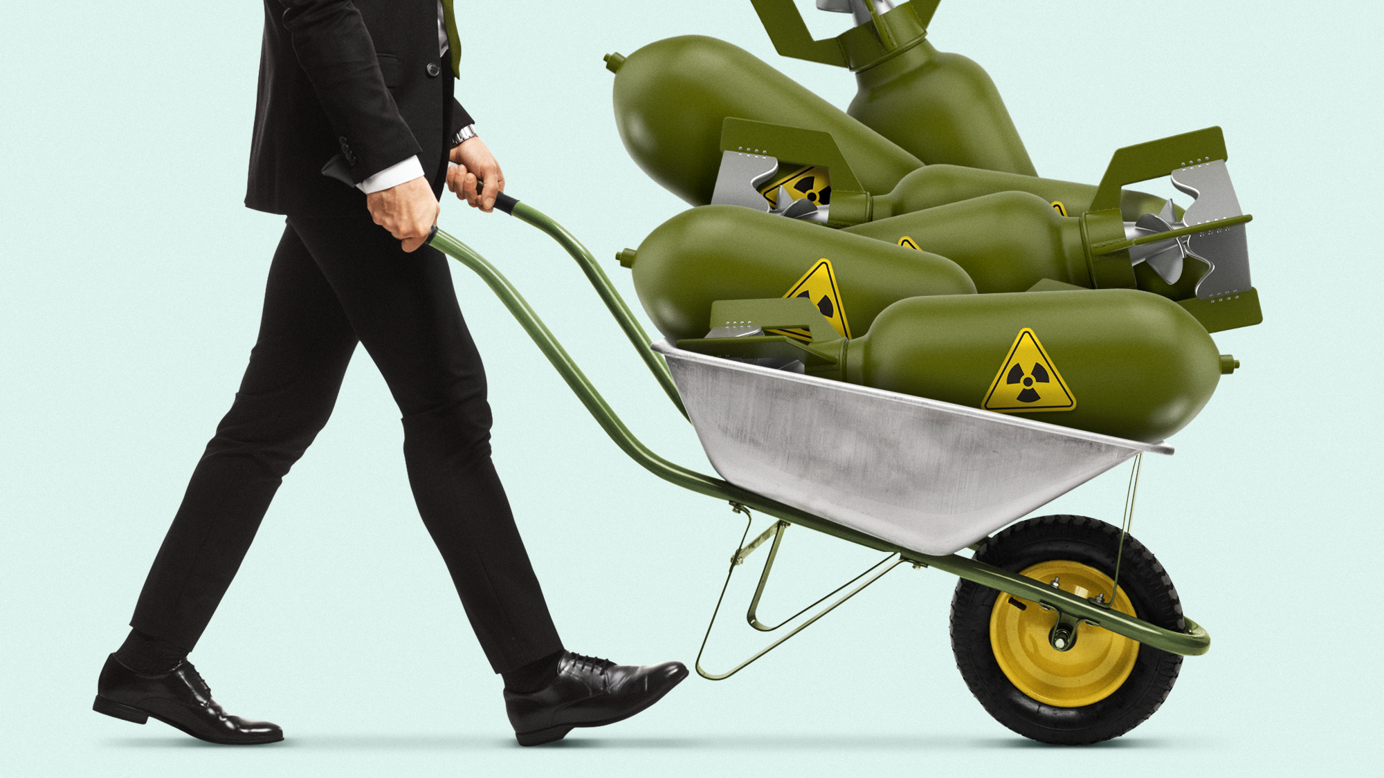 Illustration of a politician pushing a wheelbarrow stacked with nuclear bombs