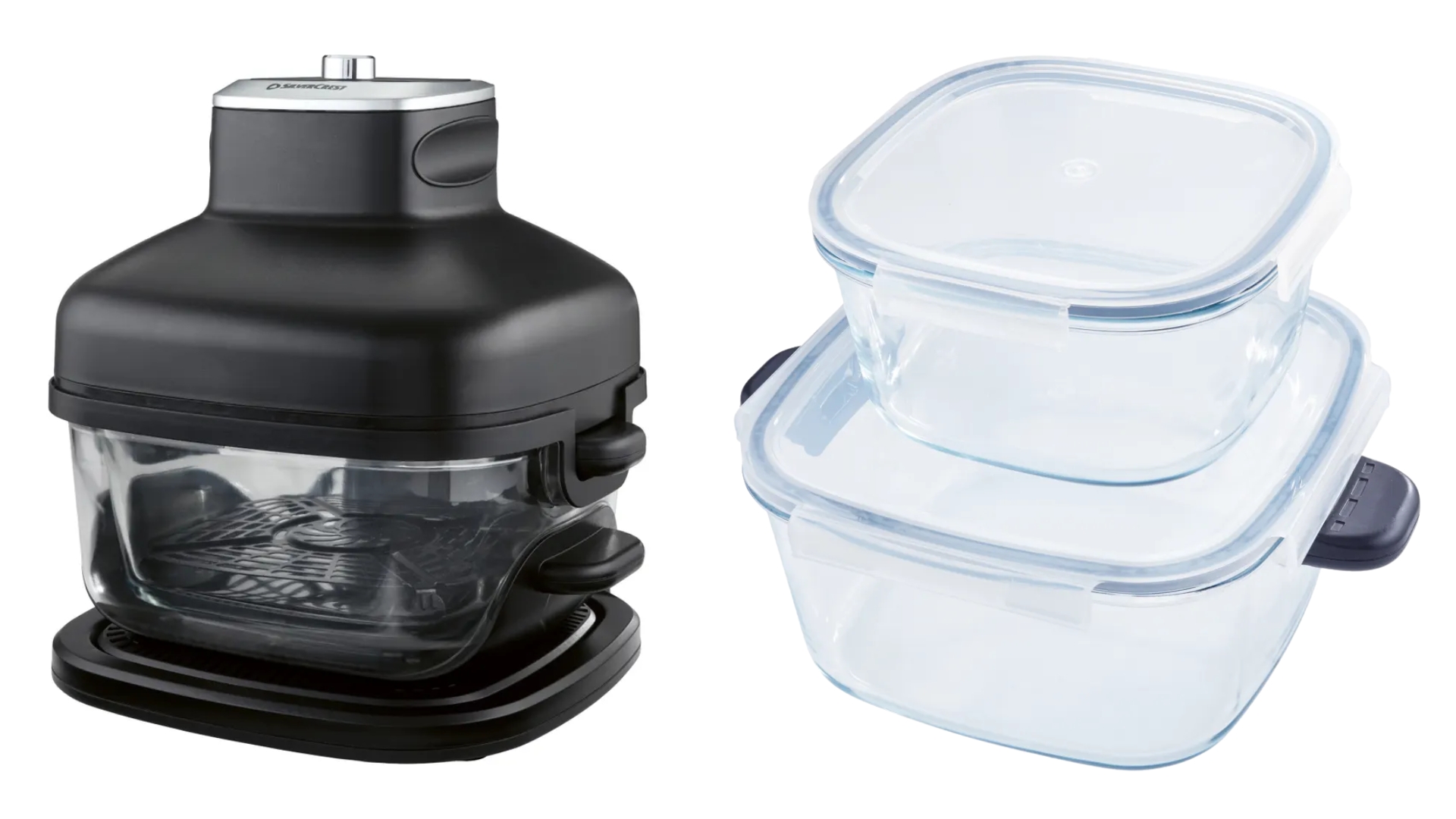 Lidl SilverCrest Glass Air Fryer with the storage containers next to it