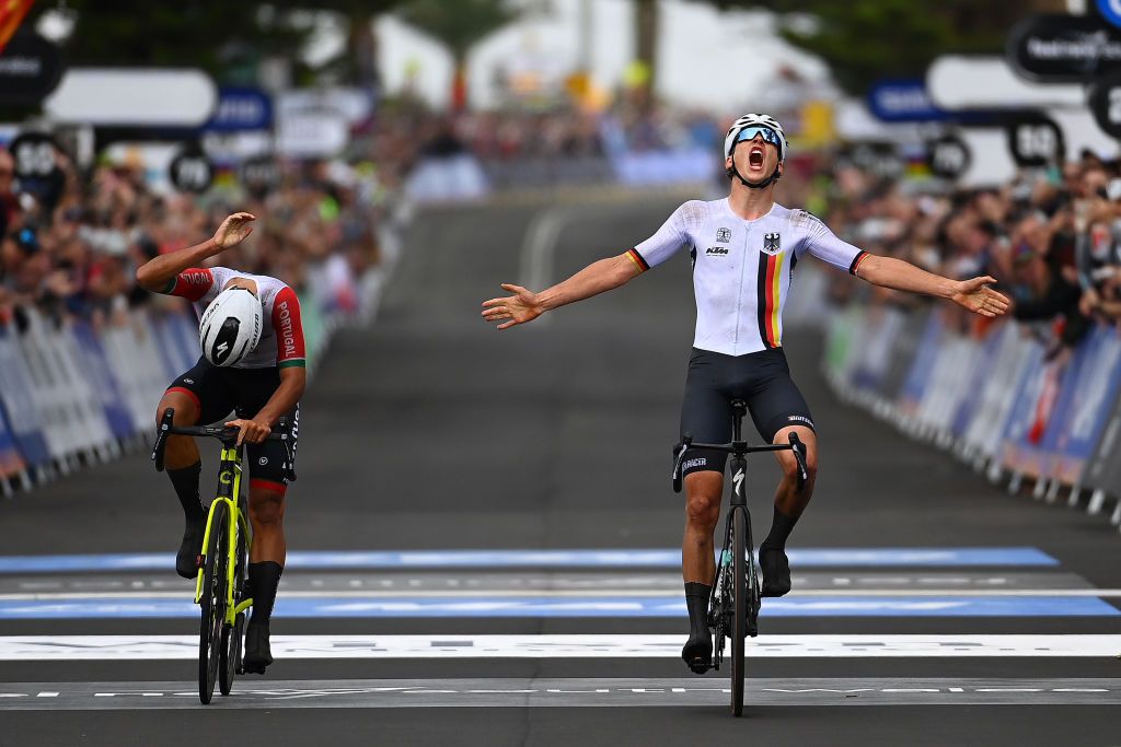 WOLLOGONG AUSTRALIA SEPTEMBER 23 Emil Herzog of Germany R celebrates at finish line as race winner ahead of Antnio Morgado of Portugal L during the 95th UCI Road World Championships 2022 Men Junior Road Race a 1356km race from Wollongong to Wollongong Wollongong2022 on September 23 2022 in Wollongong Australia Photo by Tim de WaeleGetty Images
