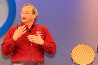 Rattner talks about upcoming teraFLOP chips. With 80 cores per die, the new processors will produce 10 gigaflops per watt used. Rattner says the chips will run at 3.1 Ghz.