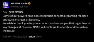 Dear SNAPPERS, Some of our players have expressed their concerns regarding reported structural changes at Nuverse. We wish to thank you for your concern and assure you that regardless of any changes at Nuverse, SNAP will continue to operate and flourish in the future!