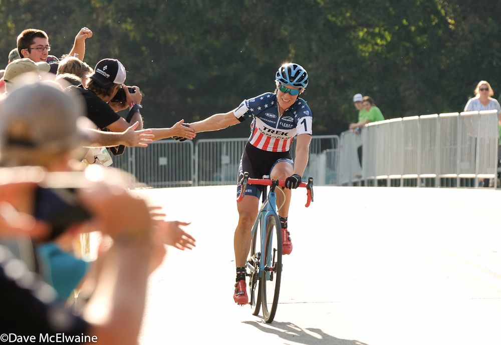 Katie Compton (Trek Panache) being greeted by the crowd as she finished